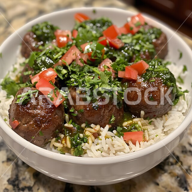 طبق من كرات اللحم المشوية مع الأرز مزين بالبقدونس، وجبة ذات قيمة غذائية عالية، فنون التقديم في مطاعم ومطابخ المملكة العربية السعودية، أطباق من المأكولات العربية التقليدية الشعبية، وصفات طعام شهية صحية لذيذة