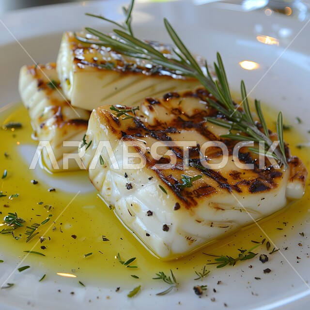 فنون التقديم في مطاعم ومطابخ المملكة العربية السعودية، أطباق من المأكولات العربية التقليدية الشعبية، وصفات طعام شهية صحية لذيذة ،جبنة الحلوم المشوية مع الروزماري وزيت الزيتون ، وجبة ذات قيمة غذائية عالية