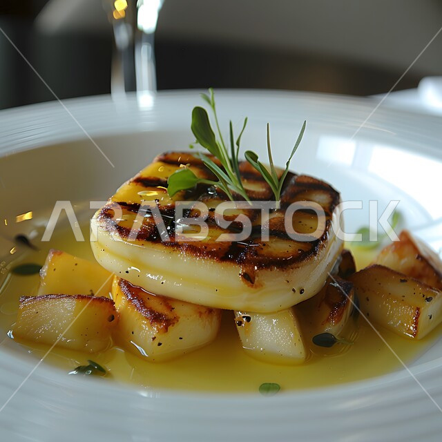 فنون التقديم في مطاعم ومطابخ المملكة العربية السعودية، أطباق من المأكولات العربية التقليدية الشعبية، وصفات طعام شهية صحية لذيذة ، جبنة الحلوم المشوية مع البطاطس المحمصة ، وجبة ذات قيمة غذائية عالية