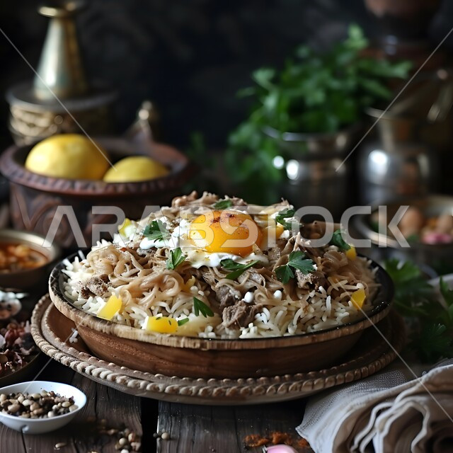 طبق أرز لذيذ مع بيض مقلي ولحم وأعشاب، وجبة ذات قيمة غذائية عالية، فنون التقديم في مطاعم ومطابخ المملكة العربية السعودية، أطباق من المأكولات العربية التقليدية الشعبية، وصفات طعام شهية صحية لذيذة