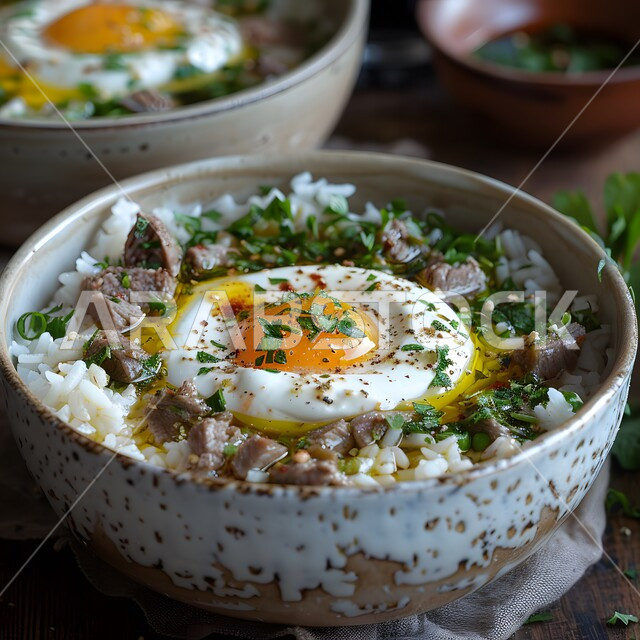 Delicious rice dish with fried eggs, meat and herbs, a meal with high nutritional value, the art of presentation in restaurants and kitchens in the Kingdom of Saudi Arabia, dishes from traditional popular Arab cuisine, delicious healthy food recipes