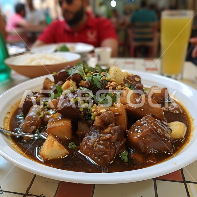 لقطة مقربة لطبق لحم البقر المطهي مع الخضراوات، وجبة ذات قيمة غذائية عالية، فنون التقديم في مطاعم ومطابخ المملكة العربية السعودية، أطباق من المأكولات العربية التقليدية الشعبية، وصفات طعام شهية صحية لذيذة