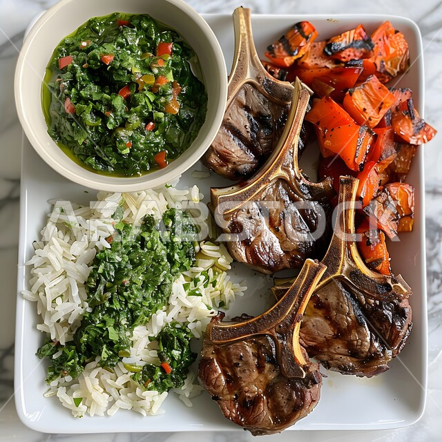 فنون التقديم في مطابخ المملكة ، وجبات اللحم الضأن الشهية الساخنة، أطعمة وأغذية صحية, مطاعم للمأكولات العربية الشرقية, صورة مقربة لقطع اللحوم المشوية مع الارز و الخضار
