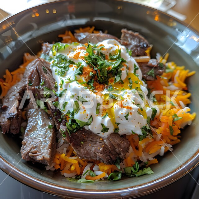 صورة مقربة لطبق من الأرز مع صلصة اللحم والزبادي، وجبة ذات قيمة غذائية عالية، فنون التقديم في مطاعم ومطابخ المملكة العربية السعودية، أطباق من المأكولات العربية التقليدية الشعبية، وصفات طعام شهية صحية لذيذة