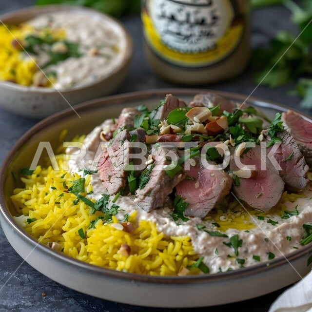 صورة مقربة لطبق من الأرز مع صلصة اللحم والزبادي، وجبة ذات قيمة غذائية عالية، فنون التقديم في مطاعم ومطابخ المملكة العربية السعودية، أطباق من المأكولات العربية التقليدية الشعبية، وصفات طعام شهية صحية لذيذة