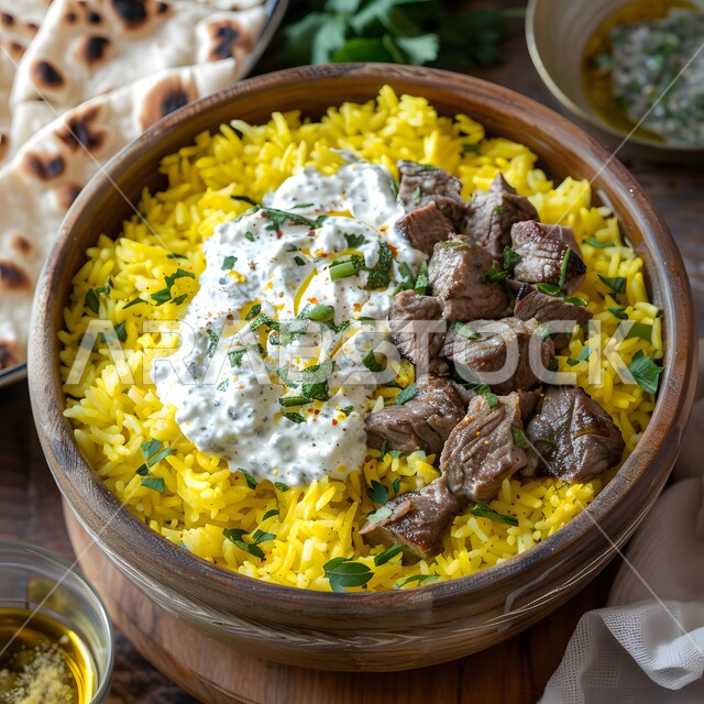 صورة مقربة لطبق من الأرز مع صلصة اللحم والزبادي، وجبة ذات قيمة غذائية عالية، فنون التقديم في مطاعم ومطابخ المملكة العربية السعودية، أطباق من المأكولات العربية التقليدية الشعبية، وصفات طعام شهية صحية لذيذة
