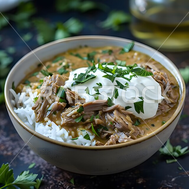 صورة مقربة لطبق من الأرز مع صلصة اللحم والزبادي، وجبة ذات قيمة غذائية عالية، فنون التقديم في مطاعم ومطابخ المملكة العربية السعودية، أطباق من المأكولات العربية التقليدية الشعبية، وصفات طعام شهية صحية لذيذة