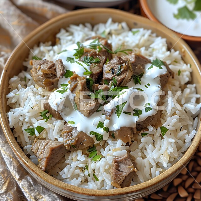 صورة مقربة لطبق من الأرز مع صلصة اللحم والزبادي، وجبة ذات قيمة غذائية عالية، فنون التقديم في مطاعم ومطابخ المملكة العربية السعودية، أطباق من المأكولات العربية التقليدية الشعبية، وصفات طعام شهية صحية لذيذة