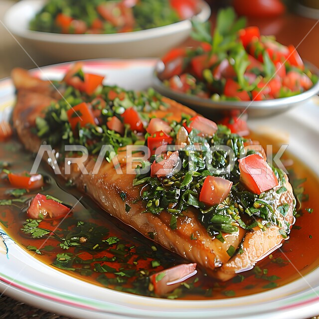سمك السلمون المشوي مع صلصة الطماطم والأعشاب، وجبة ذات قيمة غذائية عالية، فنون التقديم في مطاعم ومطابخ المملكة العربية السعودية، أطباق من المأكولات العربية التقليدية الشعبية، وصفات طعام شهية صحية لذيذة