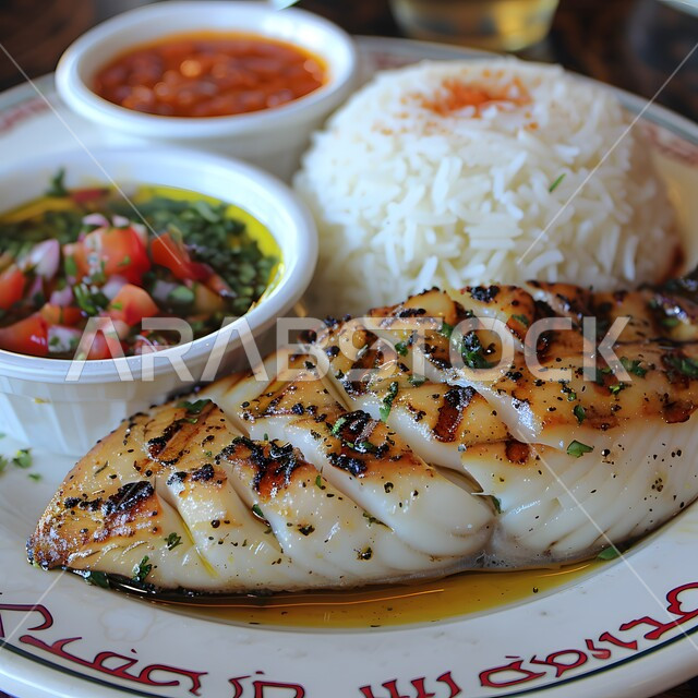 سمك السلمون المشوي مع صلصة الطماطم والأعشاب، وجبة ذات قيمة غذائية عالية، فنون التقديم في مطاعم ومطابخ المملكة العربية السعودية، أطباق من المأكولات العربية التقليدية الشعبية، وصفات طعام شهية صحية لذيذة
