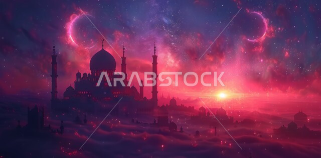 Modern architectural engineering art of building mosques, the concept of worship and getting closer to God Almighty, a three-dimensional painting of a mosque in the Kingdom of Saudi Arabia, distinctive Islamic paintings, the crescent moon of the holy month of Ramadan, an Islamic background