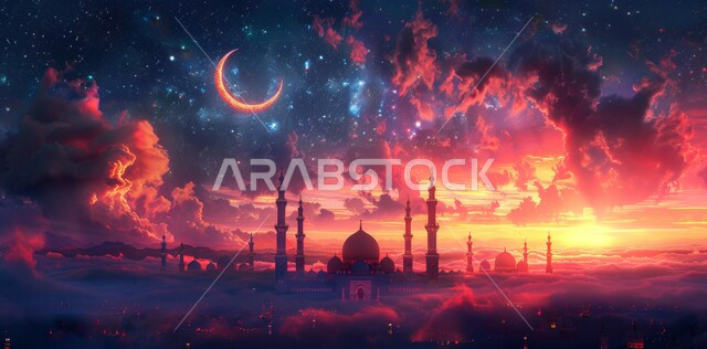 مناسبات وأعياد دينية إسلامية في المملكة العربية السعودية، لوحة ثلاثية الأبعاد لمسجد وهلال بتصاميم متميزة، الاحتفال بقدوم شهر رمضان المبارك، مفهوم العبادة والتقرب إلى الله تعالى، هلال شهر رمضان المبارك، خلفية إسلامية