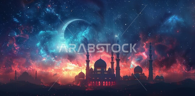مناسبات وأعياد دينية إسلامية في المملكة العربية السعودية، لوحة ثلاثية الأبعاد لمسجد وهلال بتصاميم متميزة، الاحتفال بقدوم شهر رمضان المبارك، مفهوم العبادة والتقرب إلى الله تعالى، هلال شهر رمضان المبارك، خلفية إسلامية