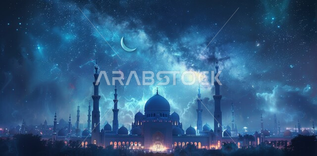 الفن الهندسي المعماري لبناء المساجد على الطراز الحديث، مفهوم العبادة والتقرب إلى الله تعالى، لوحة ثلاثية الأبعاد لمسجد في المملكة العربية السعودية، لوحات اسلامية مميزة، هلال شهر رمضان المبارك، خلفية إسلامية