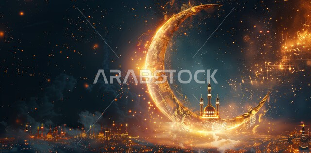 Islamic religious occasions and holidays in the Kingdom of Saudi Arabia, a three-dimensional painting of a mosque and a crescent moon with distinctive designs, celebrating the arrival of the holy month of Ramadan, the concept of worship and drawing closer to God Almighty, the crescent moon of the holy month of Ramadan, an Islamic background