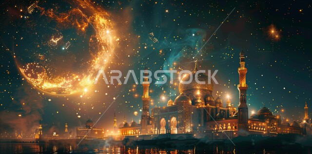 الفن الهندسي المعماري لبناء المساجد على الطراز الحديث، مفهوم العبادة والتقرب إلى الله تعالى، لوحة ثلاثية الأبعاد لمسجد في المملكة العربية السعودية، لوحات اسلامية مميزة، هلال شهر رمضان المبارك، خلفية إسلامية