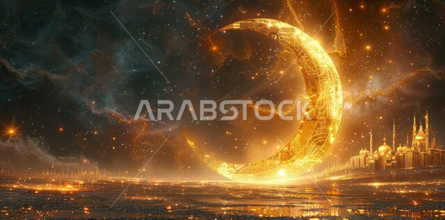 الفن الهندسي المعماري لبناء المساجد على الطراز الحديث، مفهوم العبادة والتقرب إلى الله تعالى، لوحة ثلاثية الأبعاد لمسجد في المملكة العربية السعودية، لوحات اسلامية مميزة، هلال شهر رمضان المبارك، خلفية إسلامية