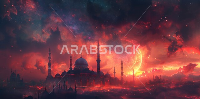 Modern architectural engineering art of building mosques, the concept of worship and getting closer to God Almighty, a three-dimensional painting of a mosque in the Kingdom of Saudi Arabia, distinctive Islamic paintings, the crescent moon of the holy month of Ramadan, an Islamic background