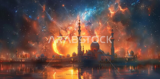 مناسبات وأعياد دينية إسلامية في المملكة العربية السعودية، لوحة ثلاثية الأبعاد لمسجد وهلال بتصاميم متميزة، الاحتفال بقدوم شهر رمضان المبارك، مفهوم العبادة والتقرب إلى الله تعالى، هلال شهر رمضان المبارك، خلفية إسلامية