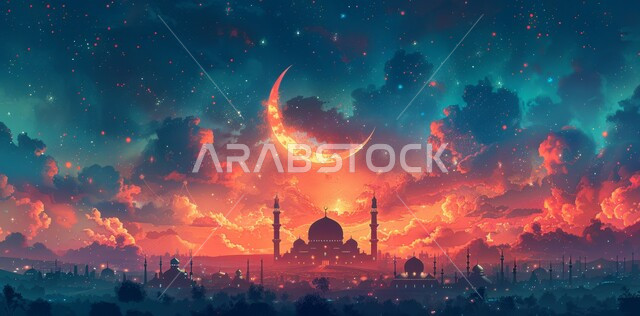 الفن الهندسي المعماري لبناء المساجد على الطراز الحديث، مفهوم العبادة والتقرب إلى الله تعالى، لوحة ثلاثية الأبعاد لمسجد في المملكة العربية السعودية، لوحات اسلامية مميزة، هلال شهر رمضان المبارك، خلفية إسلامية