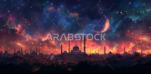 مناسبات وأعياد دينية إسلامية في المملكة العربية السعودية، لوحة ثلاثية الأبعاد لمسجد وهلال بتصاميم متميزة، الاحتفال بقدوم شهر رمضان المبارك، مفهوم العبادة والتقرب إلى الله تعالى، هلال شهر رمضان المبارك، خلفية إسلامية
