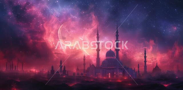 Architectural Art of Building Mosques in a Modern Style, The Concept of Worship and Getting Closer to God Almighty, 3D Mosque in Saudi Arabia, Distinctive Islamic Paintings, The Crescent Moon of the Month of Ramadan, Islamic Background