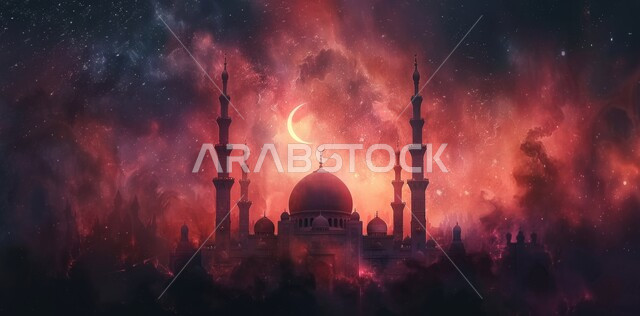 3D Ramadan Crescent Moon Over a Mosque in Saudi Arabia, Islamic Decorations and Designs, Celebrating Religious Occasions and Holidays, Joy at the Arrival of the Month of Goodness, Distinctive Islamic Paintings