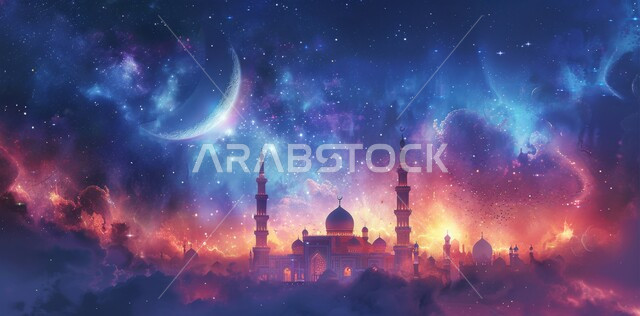 لوحة ثلاثية الابعاد لهلال شهر رمضان المبارك فوق مسجد في المملكة العربية السعودية، ديكورات وتصاميم اسلامية، الاحتفال بالمناسبات والأعياد الدينية، البهجة بقدوم شهر الخير، لوحات إسلامية مميزة