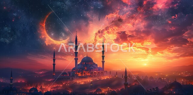 الفن الهندسي المعماري لبناء المساجد على الطراز الحديث، مفهوم العبادة والتقرب إلى الله تعالى، لوحة ثلاثية الأبعاد لمسجد في المملكة العربية السعودية، لوحات اسلامية مميزة، هلال شهر رمضان المبارك، خلفية إسلامية