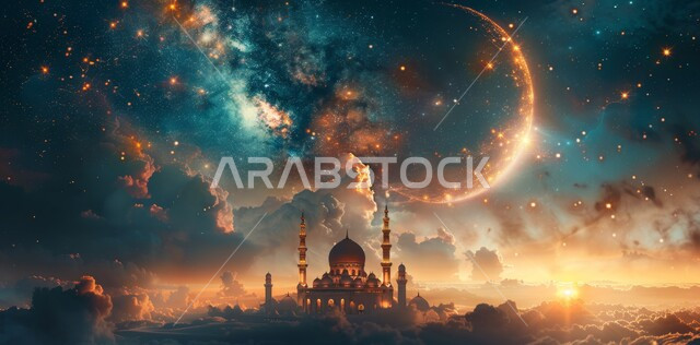 لوحة ثلاثية الابعاد لهلال شهر رمضان المبارك فوق مسجد في المملكة العربية السعودية، ديكورات وتصاميم اسلامية، الاحتفال بالمناسبات والأعياد الدينية، البهجة بقدوم شهر الخير، لوحات إسلامية مميزة