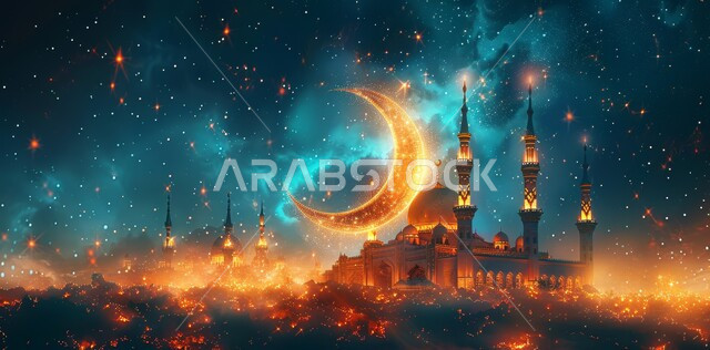 الفن الهندسي المعماري لبناء المساجد على الطراز الحديث، مفهوم العبادة والتقرب إلى الله تعالى، لوحة ثلاثية الأبعاد لمسجد في المملكة العربية السعودية، لوحات اسلامية مميزة، هلال شهر رمضان المبارك، خلفية إسلامية