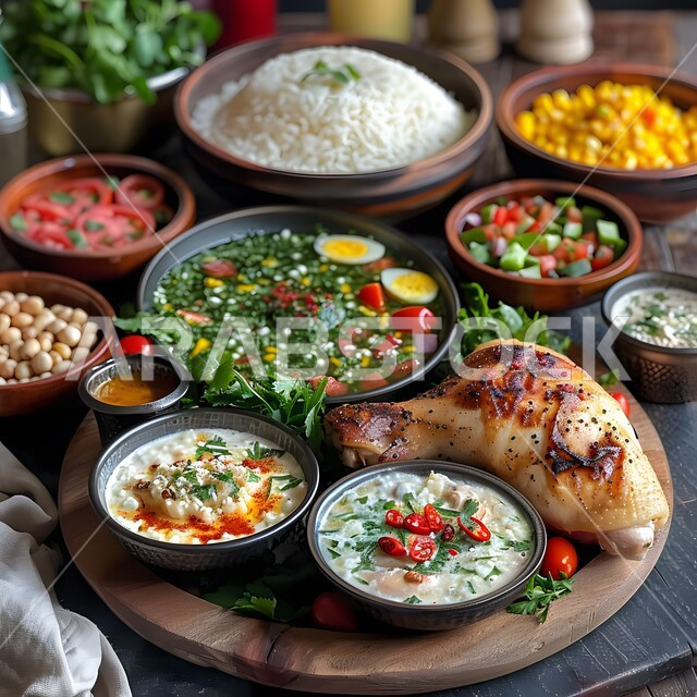 وليمة من المأكولات الشرق أوسطية، وجبة ذات قيمة غذائية عالية، فنون التقديم في مطاعم ومطابخ المملكة العربية السعودية، أطباق من المأكولات العربية التقليدية الشعبية، وصفات طعام شهية صحية لذيذة