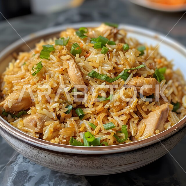 لقطة مقربة لأرز مقلي بالدجاج والبصل الأخضر، وجبة ذات قيمة غذائية عالية، فنون التقديم في مطاعم ومطابخ المملكة العربية السعودية، أطباق من المأكولات العربية التقليدية الشعبية، وصفات طعام شهية صحية لذيذة