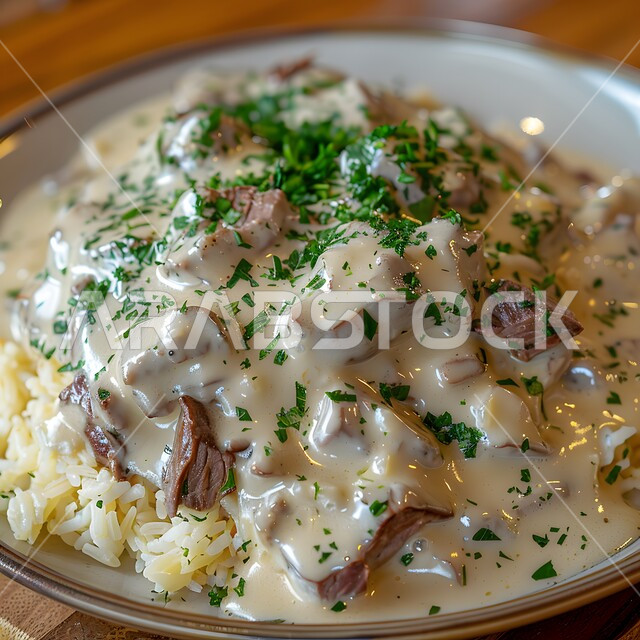 يخنة لحم البقر مع صلصة كريمة وأرز، وجبة ذات قيمة غذائية عالية، فنون التقديم في مطاعم ومطابخ المملكة العربية السعودية، أطباق من المأكولات العربية التقليدية الشعبية، وصفات طعام شهية صحية لذيذة