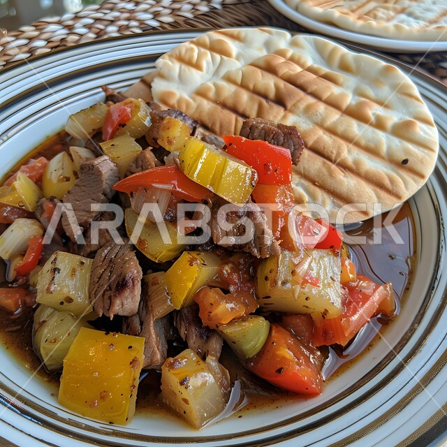 لحم البقر والخضروات المقلية مع خبز النان، وجبة ذات قيمة غذائية عالية، فنون التقديم في مطاعم ومطابخ المملكة العربية السعودية، أطباق من المأكولات العربية التقليدية الشعبية، وصفات طعام شهية صحية لذيذة