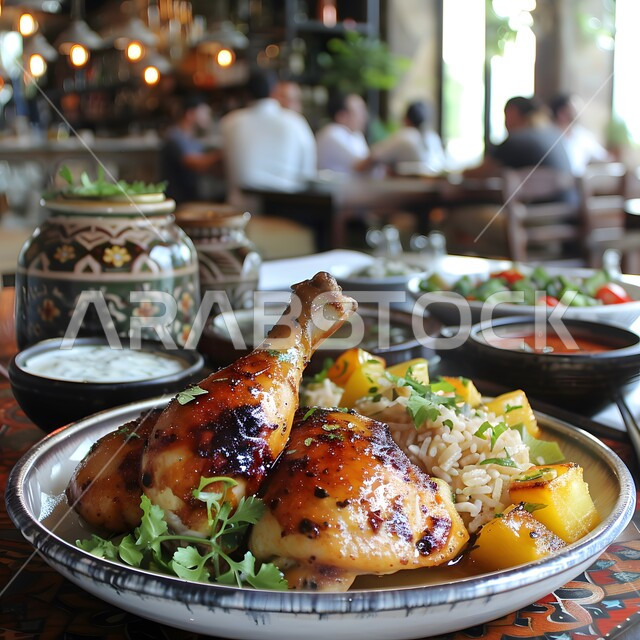 دجاج مشوي مع الأرز والأناناس، وجبة ذات قيمة غذائية عالية، فنون التقديم في مطاعم ومطابخ المملكة العربية السعودية، أطباق من المأكولات العربية التقليدية الشعبية، وصفات طعام شهية صحية لذيذة