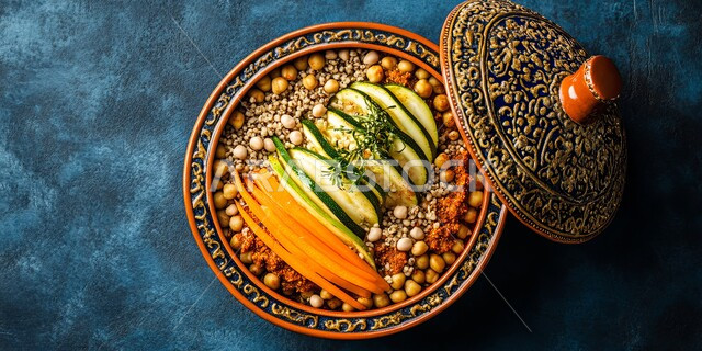 طبق من حساء الحمص بالمرق والتوابل اللذيذة المزين بالأوراق الخضراء المفرومة والخيار والجزر، وصفات طعام شرقية عربية سعودية، تزيين الطعام بأساليب فنية، فطور عربي تقليدي على الطريقة المغربية، أطعمة ذات انتاج محلي وطني،  مأكولات وأطباق شعبية تقليدية