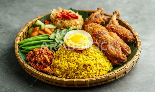 A plate of Mandi rice with fried chicken pieces and boiled eggs, delicious food recipes, the art of presentation in restaurants in the Kingdom of Saudi Arabia, traditional popular Arab meals and dishes, a Kabsa meal decorated with fresh vegetables