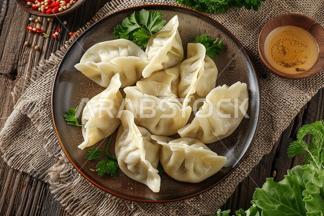 المأكولات العربية الشرقية الشهية، مطاعم الأكلات السريعة، وصفات وأطباق متميزة في مطابخ المملكة العربية السعودية، الوجبات الصحية المفيدة, صورة مقربة لطبق الزلابية المطهوة على البخار والمزينة بأوراق البقدونس