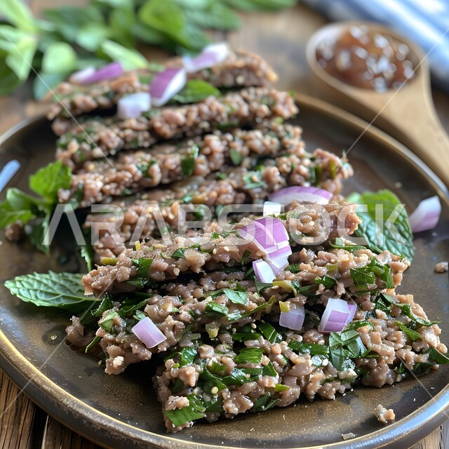 سلطة لحم مفروم مع الأعشاب والبصل، وجبة ذات قيمة غذائية عالية، فنون التقديم في مطاعم ومطابخ المملكة العربية السعودية، أطباق من المأكولات العربية التقليدية الشعبية، وصفات طعام شهية صحية لذيذة