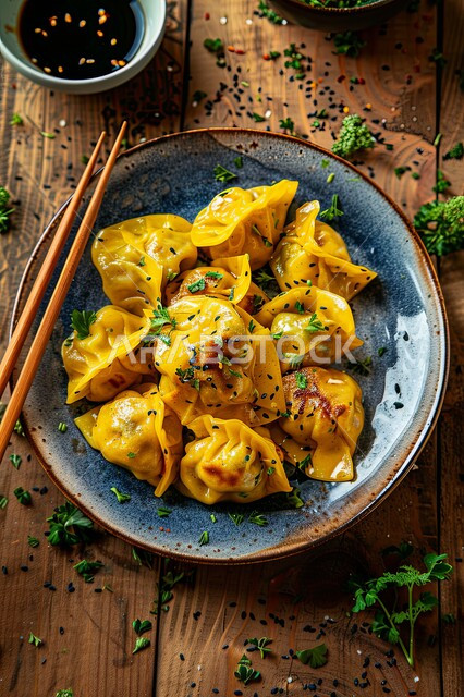 Presentation arts in restaurants and kitchens of the Kingdom of Saudi Arabia, dishes of traditional popular Arab cuisine, delicious healthy food recipes, the concept of banquets and feasts, a close-up of a plate of golden dumplings decorated with green parsley leaves on a wooden surface