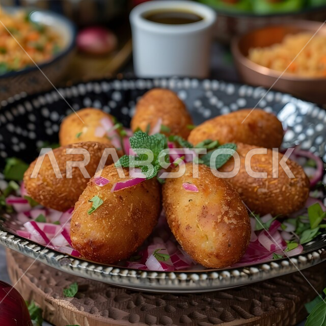 كروكيت البطاطس المقلية المقرمشة مع البصل الأحمر والنعناع، وجبة ذات قيمة غذائية عالية، فنون التقديم في مطاعم ومطابخ المملكة العربية السعودية، أطباق من المأكولات العربية التقليدية الشعبية، وصفات طعام شهية صحية لذيذة