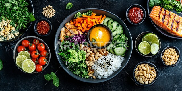 أطباق من الخضراوات الطازجة مع فيليه سمك السلمون المشوي، وجبات الطعام الشهية، مطاعم عربية خلجية سعودية، وصفات وأطباق شهية ولذيذة، فنون التقديم في مطاعم ومطابخ المملكة العربيه السعودية، مأكولات بحرية و صحية