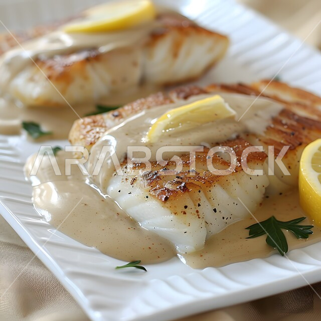 فيليه السمك المشوي مع صلصة الليمون الكريمية، وجبة ذات قيمة غذائية عالية، فنون التقديم في مطاعم ومطابخ المملكة العربية السعودية، أطباق من المأكولات العربية التقليدية الشعبية، وصفات طعام شهية صحية لذيذة