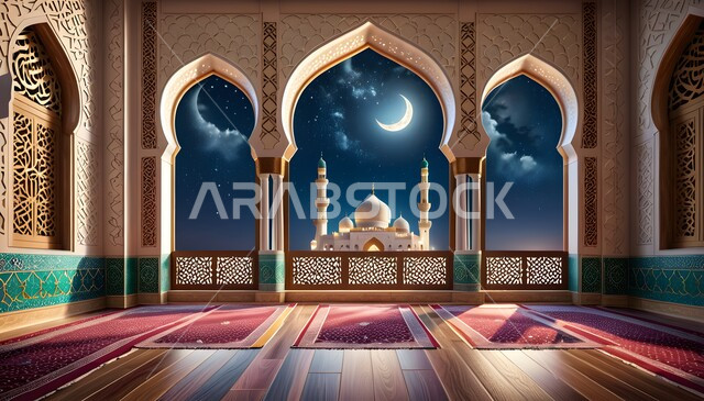 الديكورات والزخارف الإسلامية, الهندسة المعمارية الفنية لبناء المساجد في المملكة العربية السعودية, مفهوم العبادة والتقرب إلى الله, الرسومات والتصاميم الهندسية, منظر الهلال في السماء, أجواء روحانية هادئة, أماكن دينية مقدسة