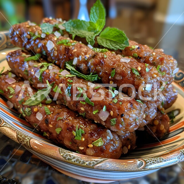 سجق مشوي مع زينة النعناع، وجبة ذات قيمة غذائية عالية، فنون التقديم في مطاعم ومطابخ المملكة العربية السعودية، أطباق من المأكولات العربية التقليدية الشعبية، وصفات طعام شهية صحية لذيذة