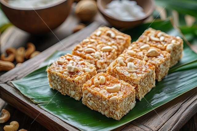 طرق مميزة لتقديم الحلوى، وصفات شرقية مشهورة، مطاعم للمأكولات العربية الخليجية السعودية المشهورة، صورة مقربة لقطع من حلا جوز الهند المزينة بحبات الكاجو الموضوعة على ورقة خضراء، حلويات وأطباق شعبية لذيذة، سكريات بوصفة شهية 