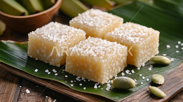 حلويات وأطباق  شعبية لذيذة وصحية، طرق مميزة لتقديم الحلوى، أكلات غنية بالسكريات والسعرات الحرارية، وصفات شرقية شهية، مطاعم للمأكولات العربية الخليجية السعودية المشهورة، صورة مقربة لطبق لقطع من كعكة جوز الهند مع رشة من حبات السكر