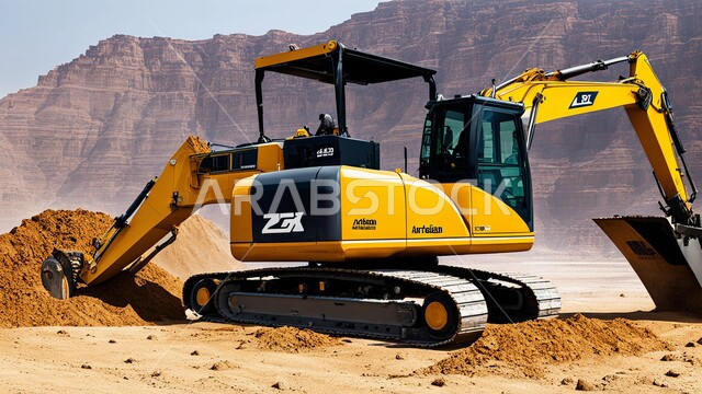 مناطق التنقيب عن الثروات الباطنية، الطبيعة الصخرية وتضاريس السلاسل الجبلية، المرتفعات وقمم الجبال في المملكة العربية السعودية، سيارة شحن كبيرة تقوم بالعمل في موقع التعدين، التخلص من الأتربة والصخور ونقلها بعيدا