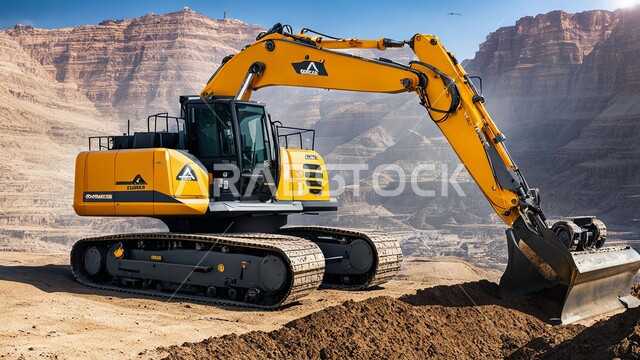 المعدات الضخمة تقوم بالعمل في موقع التعدين، التخلص من الأتربة والصخور, مناطق التنقيب عن الثروات الباطنية، الطبيعة الصخرية وتضاريس السلاسل الجبلية، المرتفعات وقمم الجبال في المملكة العربية السعودية